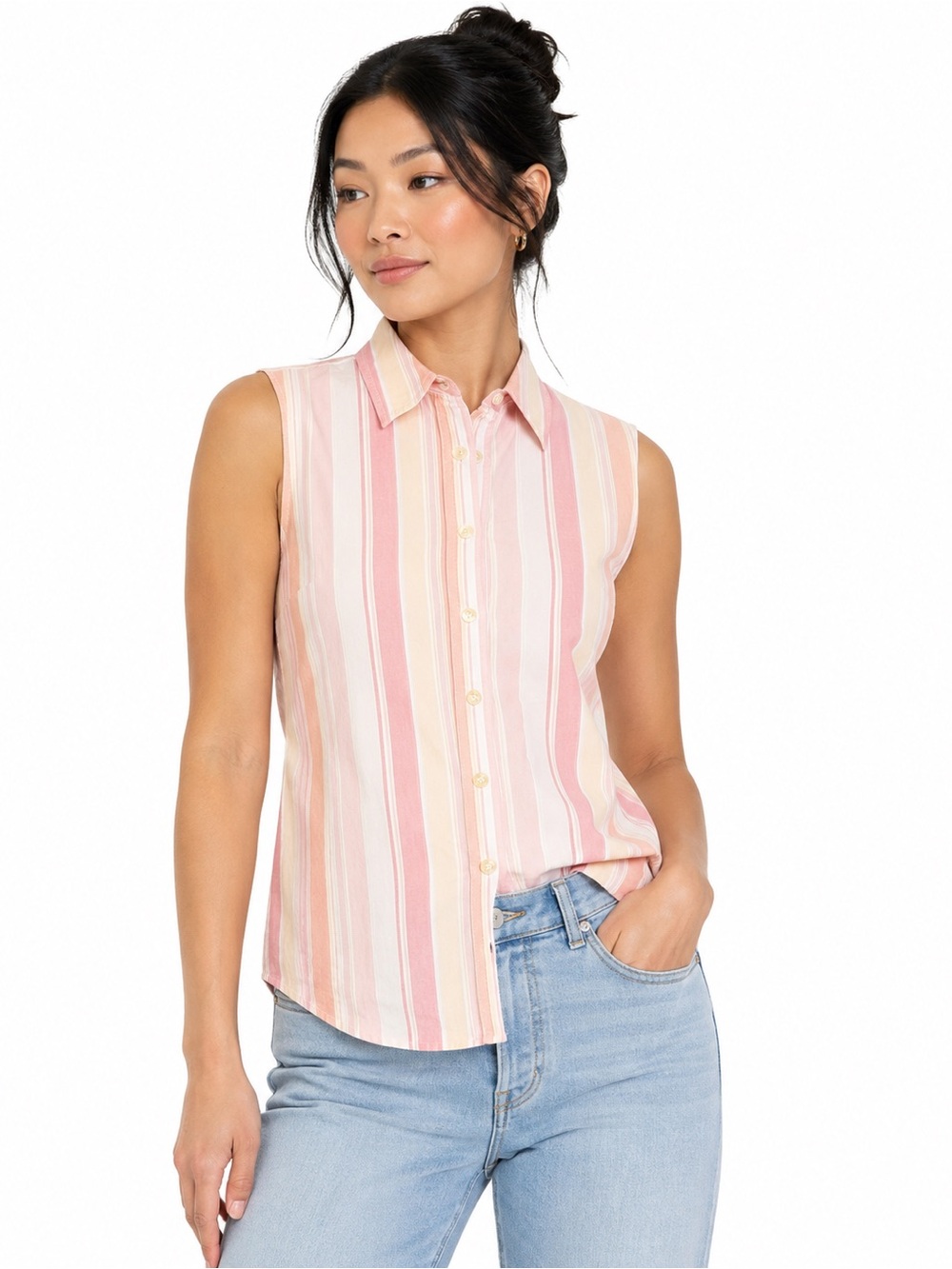 LL Bean Sleeveless Striped Button Front Cotton Shirt Pink White Yellow Small